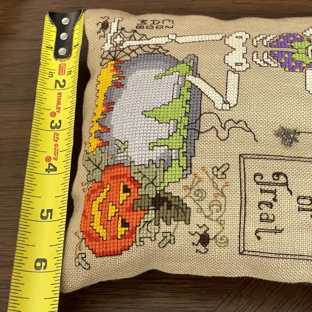 Halloween Cross Stitch Pillow Door Hanger Skeleton Trick or Treat Hanging Spider